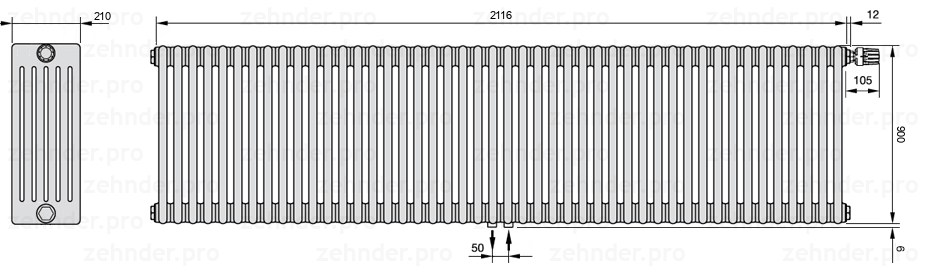 Схема (чертеж) Радиатор Zehnder Charleston 6090/46 №V008 Белый глянцевый RAL 9016